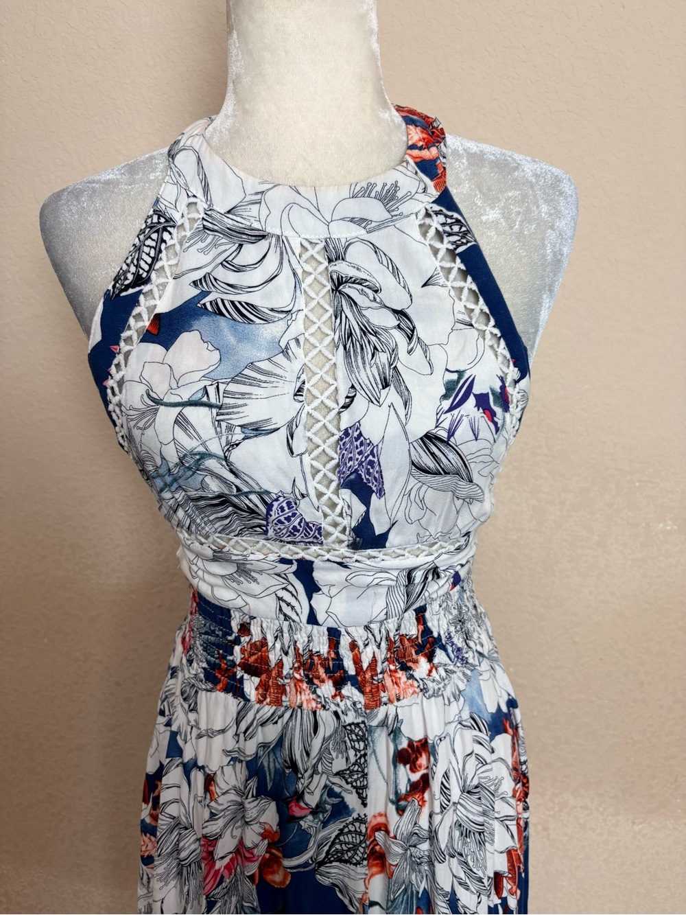 Jaase Navy & White Floral Halter Maxi Split Skirt Rayon Feminine Dress Size XS - Picture 3 of 13